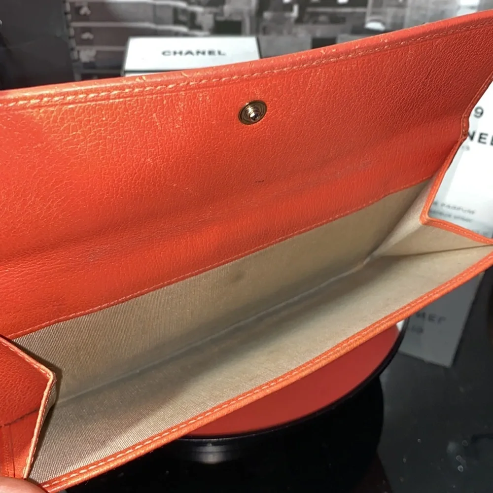 Vintage CHANEL Orange Leather Camellia Chain Wallet (2005)